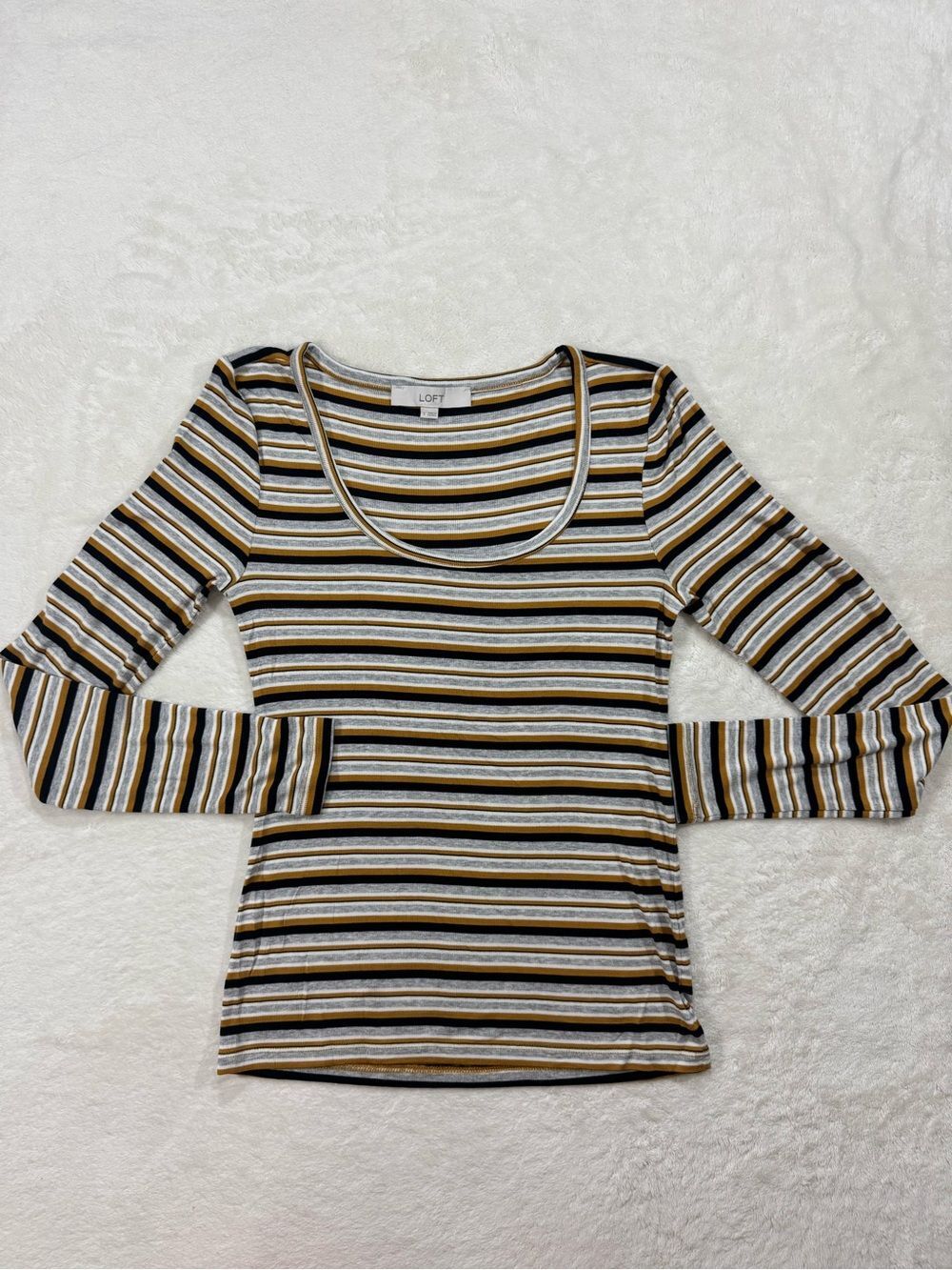 LOFT Striped Scoop Neck Long Sleeve Top Small Mustard Black Gray